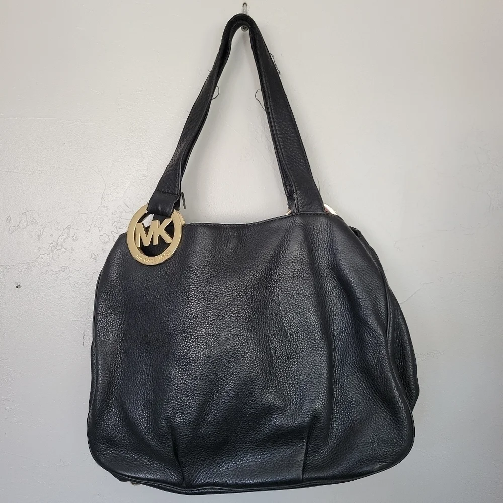 Michael Kors MK Black Pebbled Leather Shoulder Bag Purse Gold Designer Large